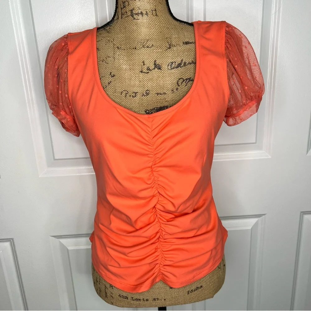 Sz L Free People Coral Puff Sleeve Blush Up Blouse NWOT $40 MSRP